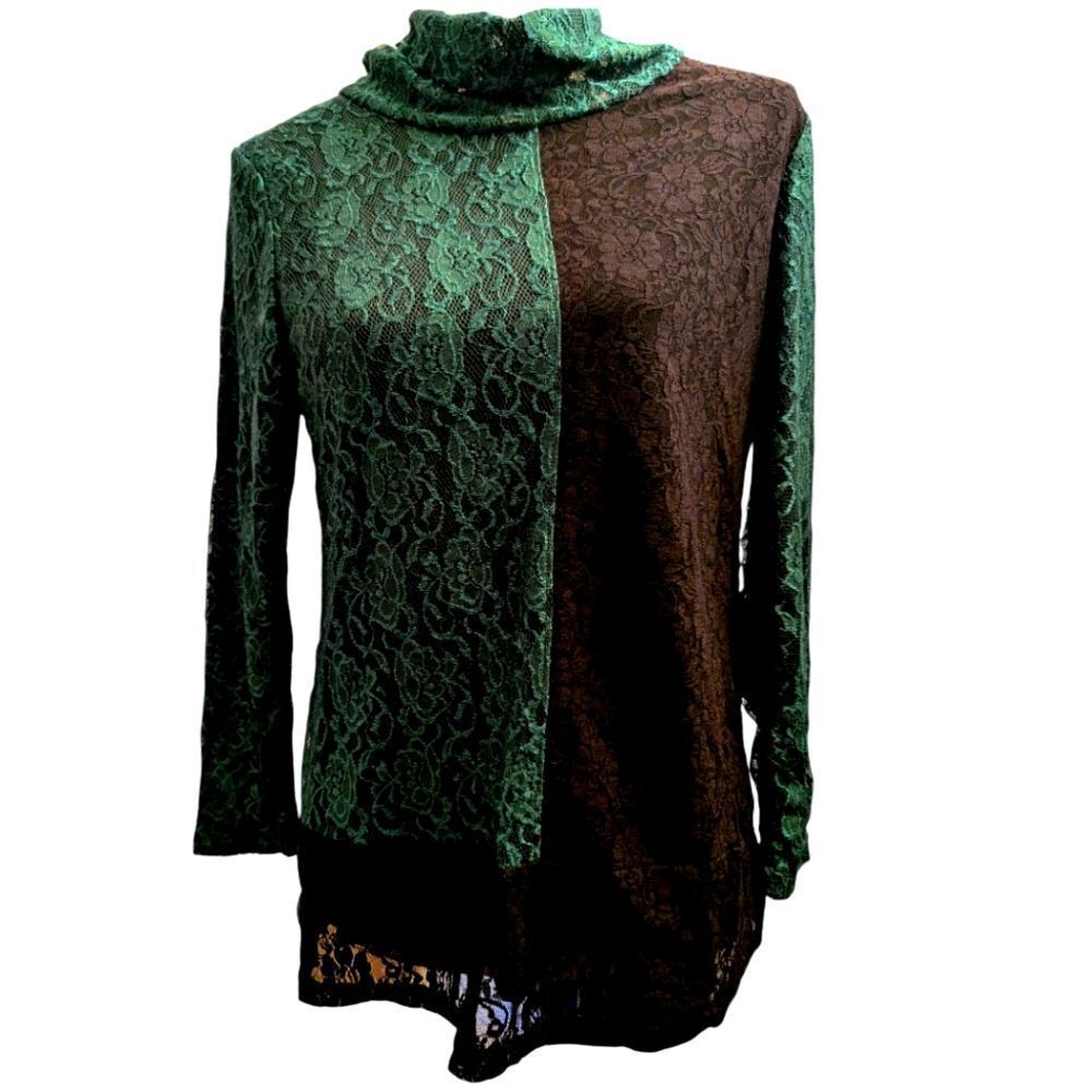 JC Italy Emerald Green Colorblock Lace Mockneck Turtleneck